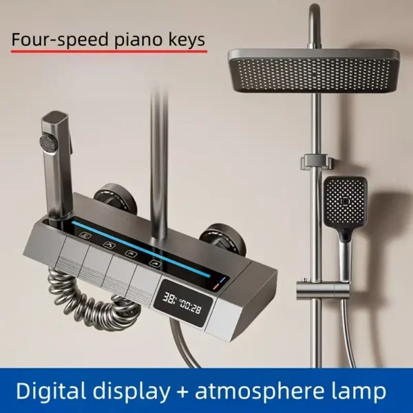 Digital Thermometer, Shower Piano Key Ambient Light, Rainfall Shower System, Spring Bathroom Decor Gift, Four-Water Flow Outlets, Adjustable Water Pressure and Temperature, Enhanced Water Jet and Air Spray Experience, Ideal Bathroom Renovation Choice - Image 5