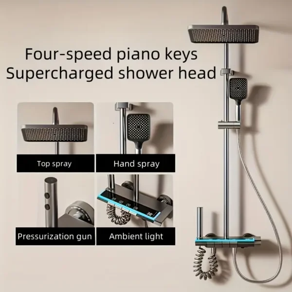 Digital Shower Gun with Gray Piano Key Mood Light, Wall-Mounted Rain Shower System, 4 Water Flow Outlets, Adjustable Pressure & Temperature, Pressure Boost & Air Jet Spray for Enhanced Shower Experience, Ideal Bathroom Renovation Gift - Image 3