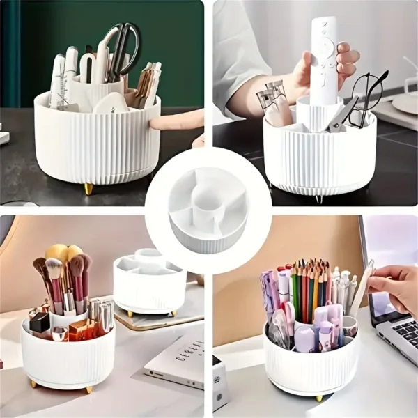 1pc ABERZEY 360° Rotating Makeup Organizer - 5-Compartment Durable Plastic Cosmetic & Desk Storage with Luxury Stripe Design, Freestanding No-Power Rotating Caddy for Brushes, Lipsticks, Skincare, Stationery, Makeup Brush Holder, Sleek Modern Look, Goldtoned Accents - Image 4