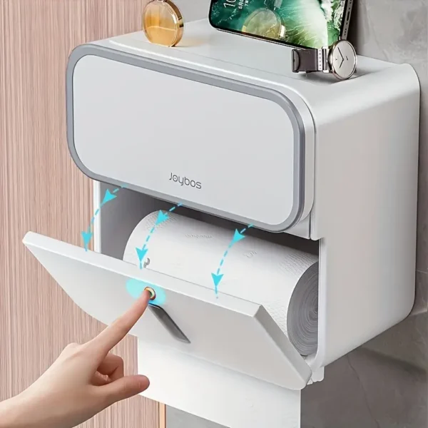 1pc Double-Layer Bathroom Tissue Holder, Wall-Mounted Plastic Tissue Box with Drawer, Strong Waterproof, No Drilling Required, Rectangle Shape